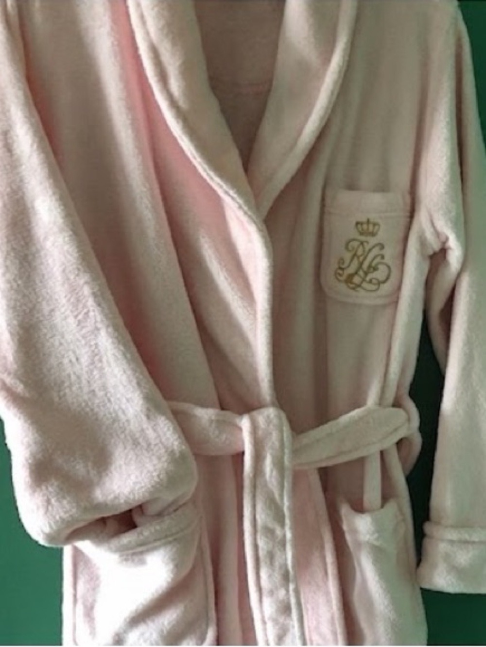LAUREN RALPH LAUREN Pink Short Bathrobe Gold Logo FLUFFY M